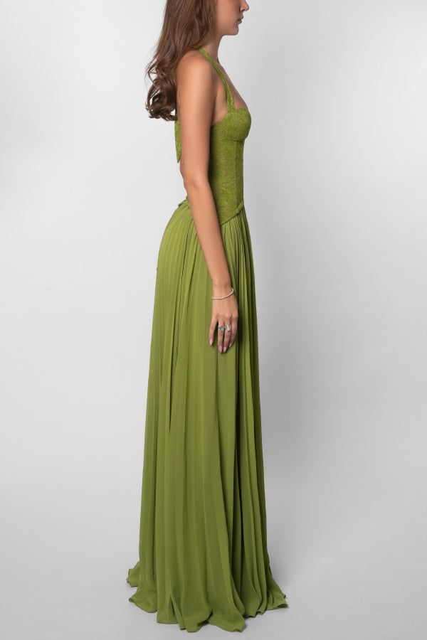 Elegant Lace Patchwork Halter Neck Tie Backless Pleated Maxi Dress