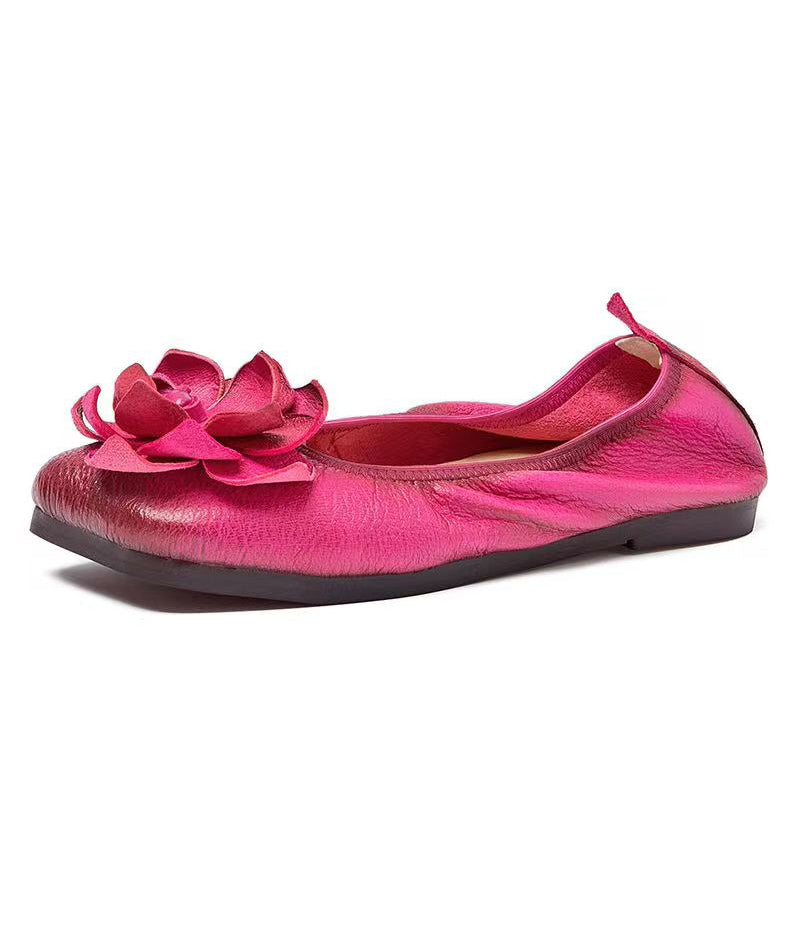 Rose Handmade Cowhide Leather Floral  Flat Shoes For Women