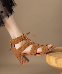 Handmade Brown Lace Up Splicing Chunky Sandals Boots Hollow Out