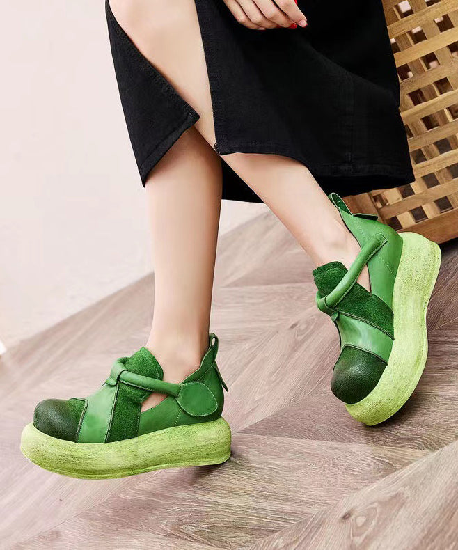 Casual Splicing Platform Flat Shoes Green Cowhide Leather