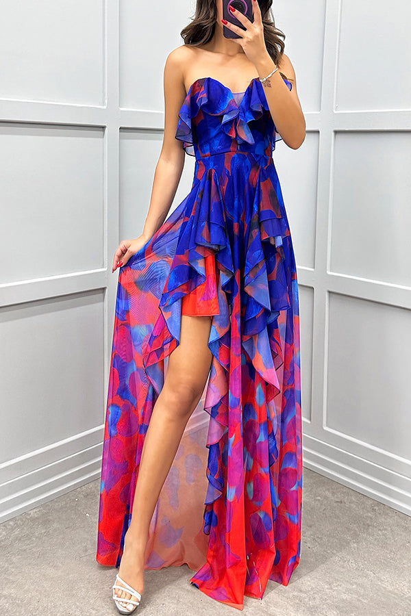 party gradient unique printed flowing layered pleated strapless slim fit long skirt