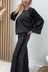 Sequined Loose-fitting Crew Neck Top and Casual Pocket Wide-leg Pants Set