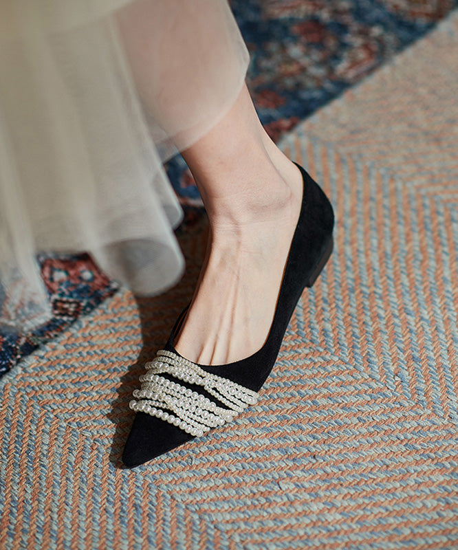 French Black Suede Flat Shoes Pointed Toe Splicing Nail Bead