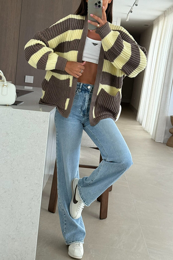 Patchwork Striped Casual Pocket Knitted Sweater