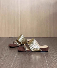 Gold Sheepskin Splicing Wedge Slide Sandals Peep Toe
