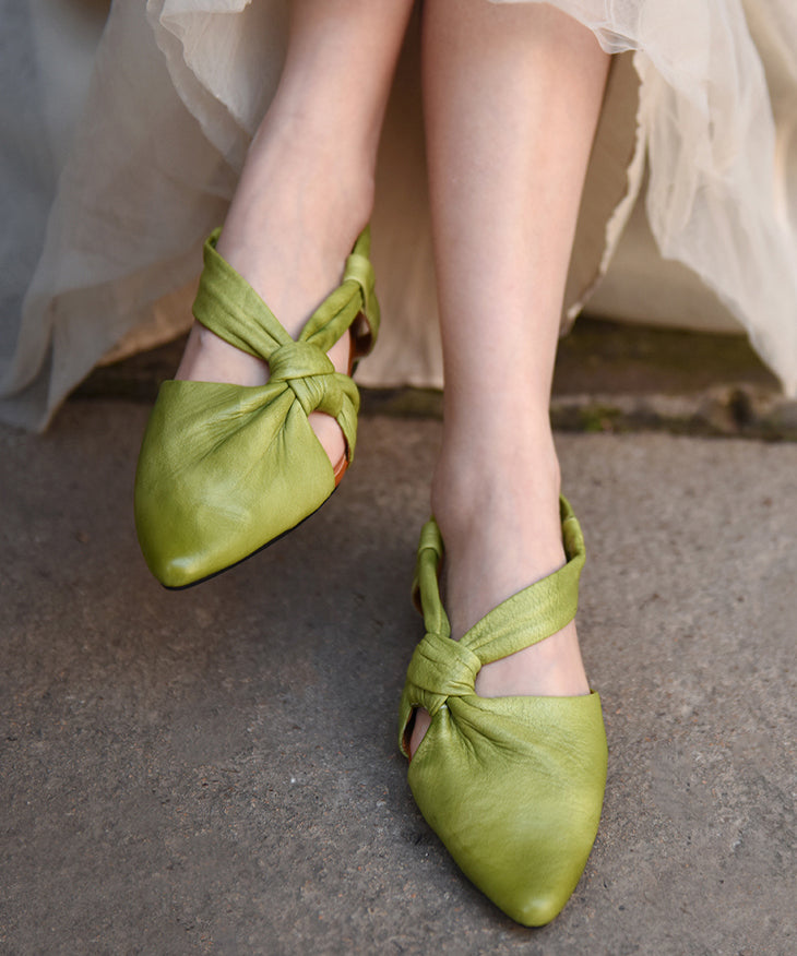 Green Cowhide Leather Hollow Out Flat Sandals Pointed Toe
