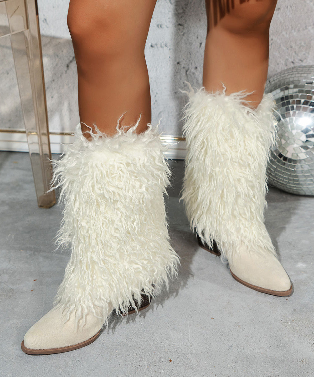 Stylish White Fuzzy Wool Lined Splicing Suede Chunky Boots