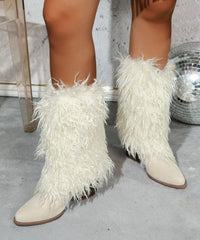 Stylish White Fuzzy Wool Lined Splicing Suede Chunky Boots
