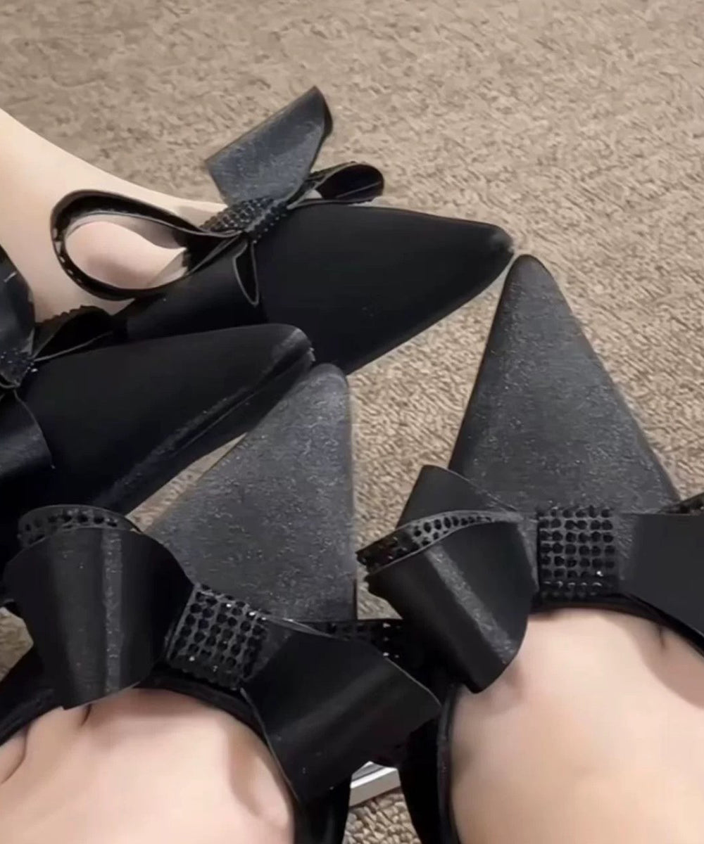 New Black High Heels Pointed Sandals Splicing Bow Zircon