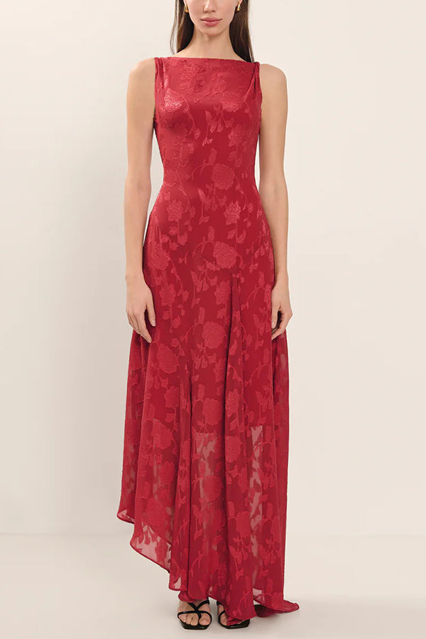 Jacquard Elegant Backless Lace-up Slim Irregular Maxi Dress