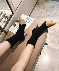 Camel Splicing Suede High Heel Boots Pointed Toe