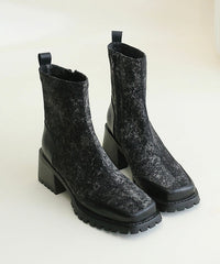 Beautiful Blue Cowhide Leather Splicing Chunky Boots