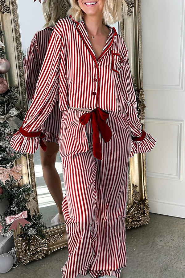 Striped Printed Color-blocked Trim Long-sleeved Loose Top and Elastic Waist Belt Wide-leg Pants Set