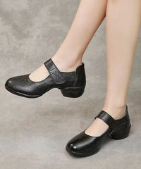 Buckle Strap Splicing Chunky Black Cowhide Leather Dance Shoes