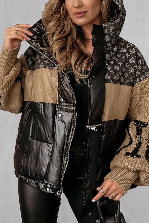 Denim Knit Long-sleeved Patchwork Hooded Pocket Thickened Jacket
