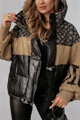 Denim Knit Long-sleeved Patchwork Hooded Pocket Thickened Jacket