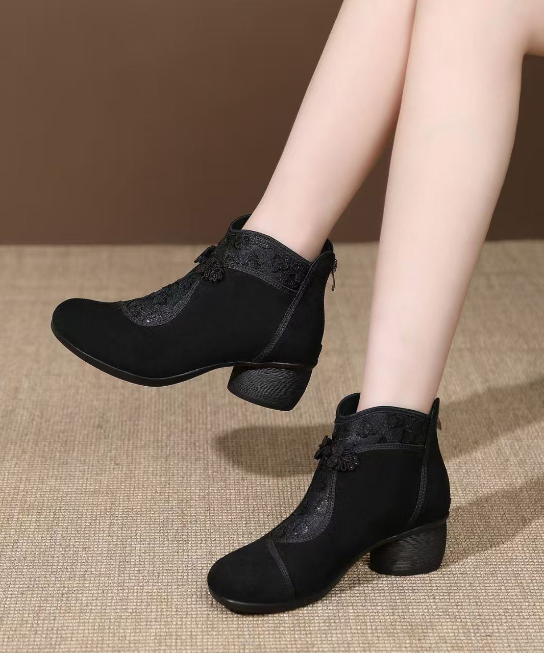 Retro Suede Breathable Mesh Splicing Brown Boots