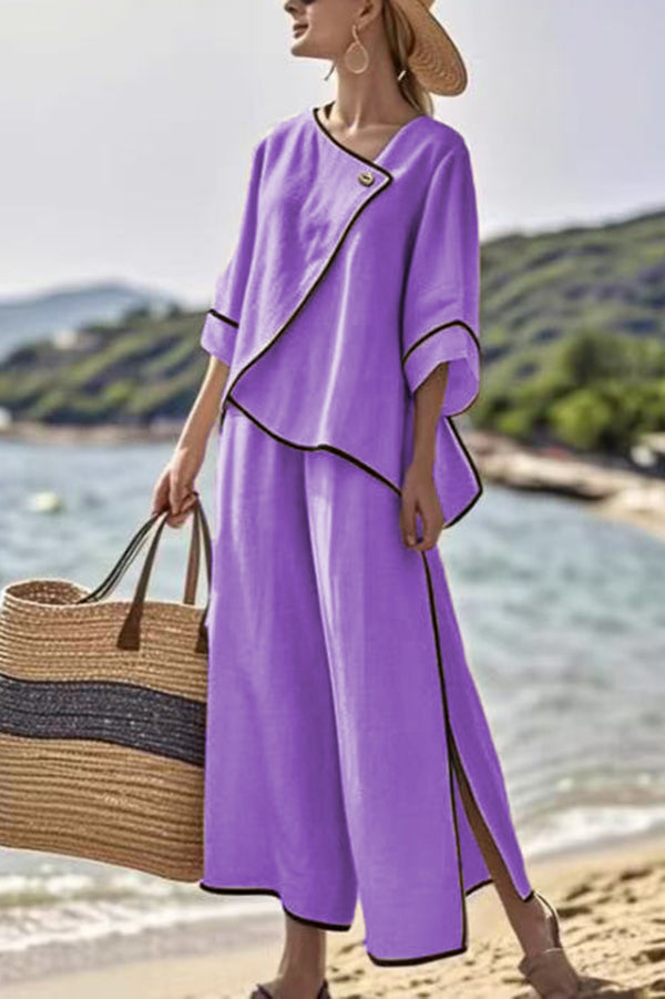 Color Trim Asymmetrical Casual Top and Elastic Waist and Wide-leg Pant Set