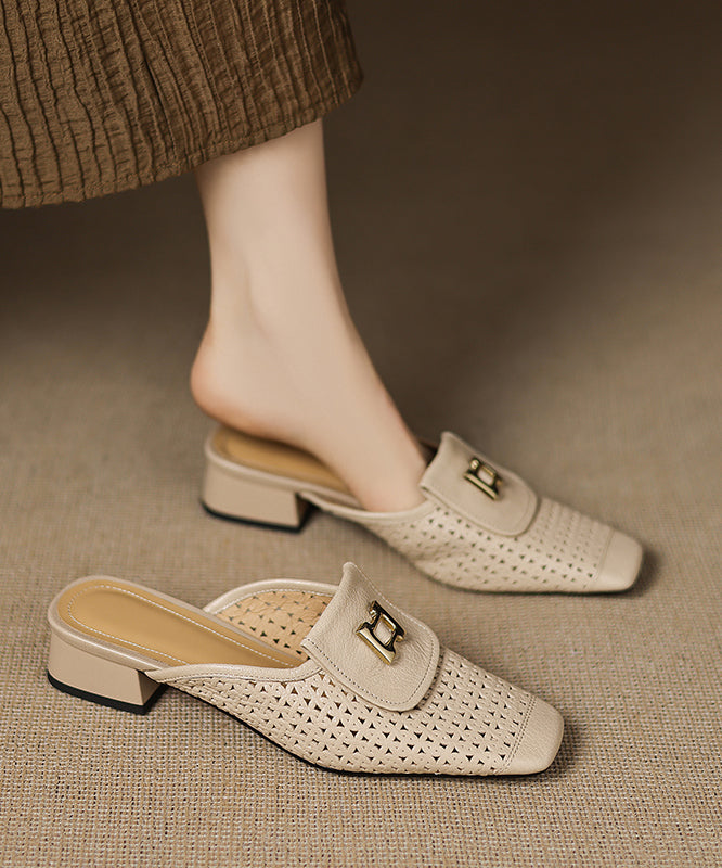 Apricot Cowhide Leather Splicing Hollow Out Slide Sandals