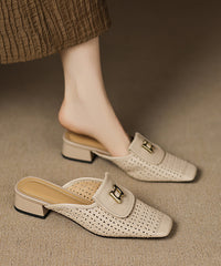 Apricot Cowhide Leather Splicing Hollow Out Slide Sandals