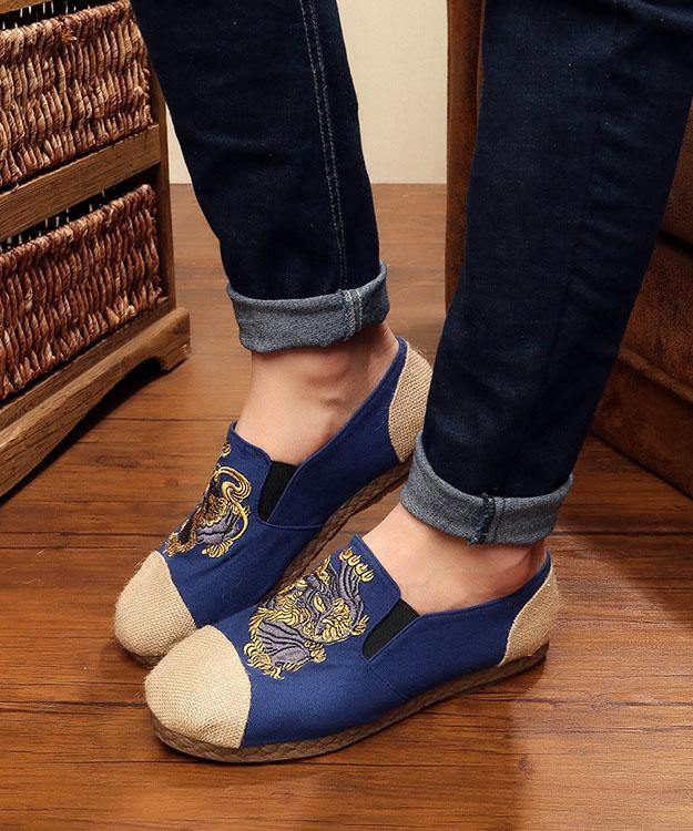 Navy Embroideried Splicing Flat Shoes Cotton Linen Fabric