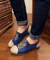Navy Embroideried Splicing Flat Shoes Cotton Linen Fabric