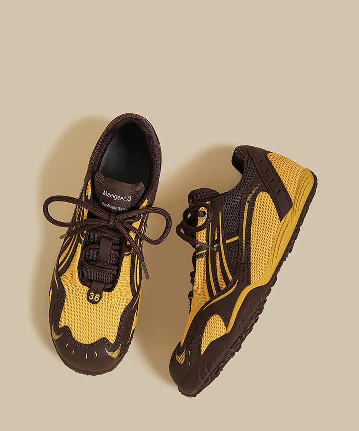 Fashion Lace Up Splicing Flat Feet Shoes Yellow Breathable Mesh