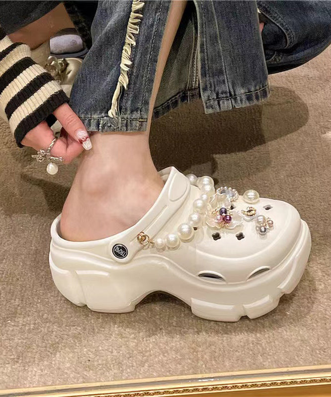White Nail Bead Hollow Out Platform Slide Sandals