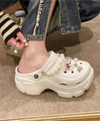 White Nail Bead Hollow Out Platform Slide Sandals