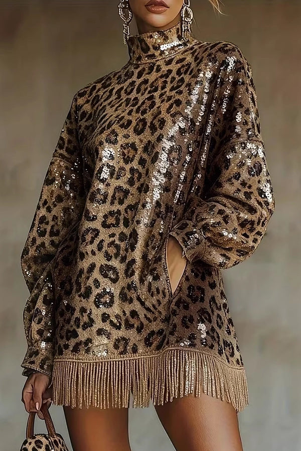 Leopard Print Sequined Turtleneck Long-sleeved Tassel Hem Loose Mini Dress