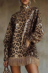 Leopard Print Sequined Turtleneck Long-sleeved Tassel Hem Loose Mini Dress