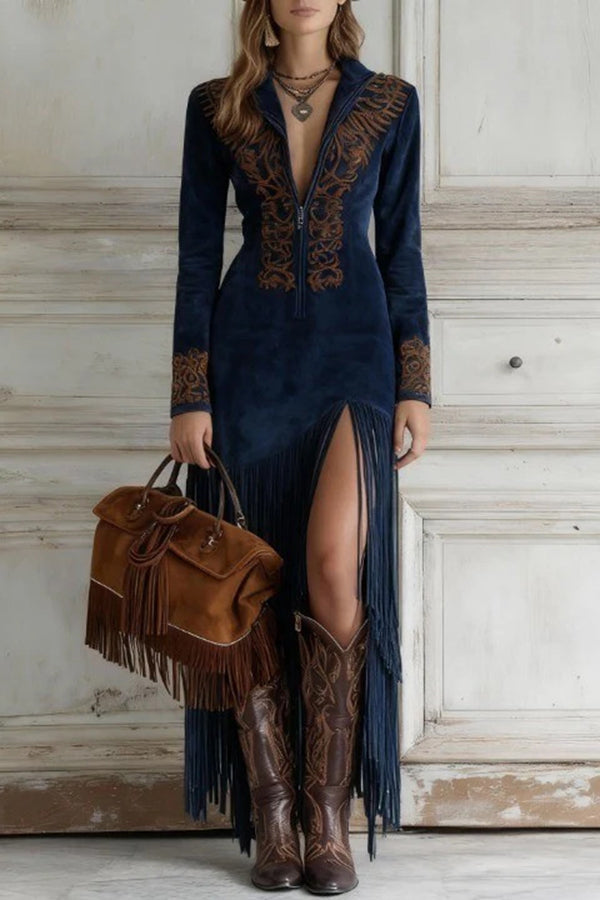 Embroidered Fitted Long-sleeved Tassel Hem Maxi Dress