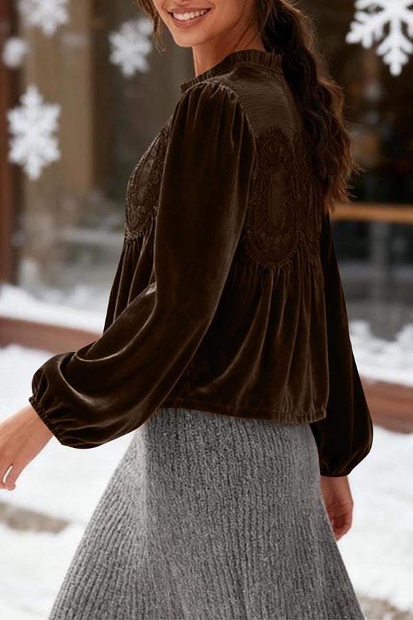 Velvet and Lace Patchwork Loose Long-sleeved Top