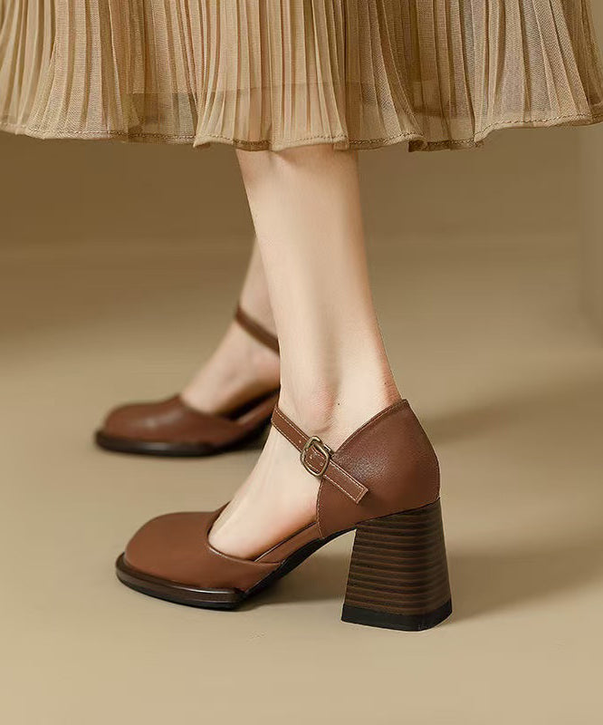 Beige Cowhide Leather Classy Splicing Chunky Heel Sandals