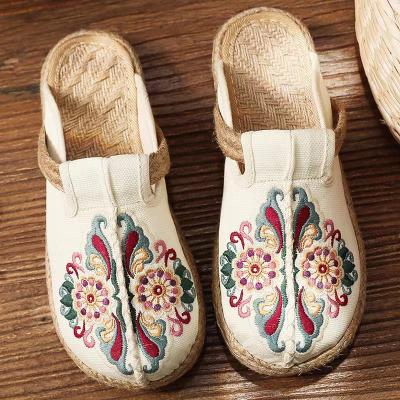 Linen Floral Shoes flip flop Flats