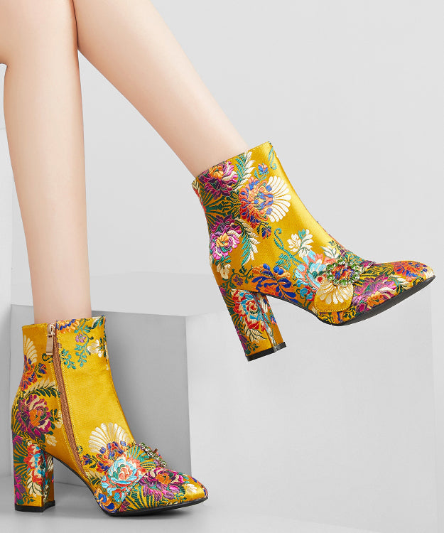 Yellow Embroidered Zippered Cotton Chunky Ankle Boots