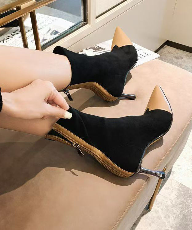 Camel Splicing Suede High Heel Boots Pointed Toe