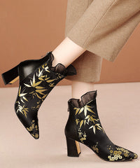 Black Embroidered Silk Splicing Cowhide Leather Chunky Boots