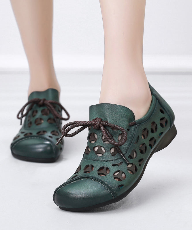 Brown Flat Shoes Cowhide Leather Hollow Out Lace Up Flat Shoes