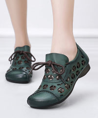 Brown Flat Shoes Cowhide Leather Hollow Out Lace Up Flat Shoes