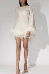 Sequined Feather Long-sleeved Backless Mini Dress