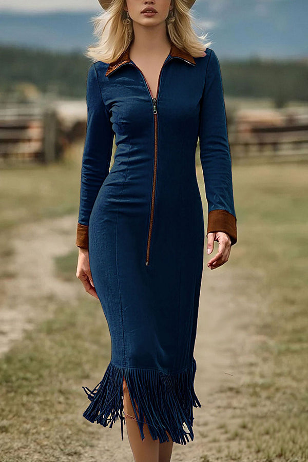 Suede Zipper Long-sleeved Fringed Hem Slim-fit Midi Dress