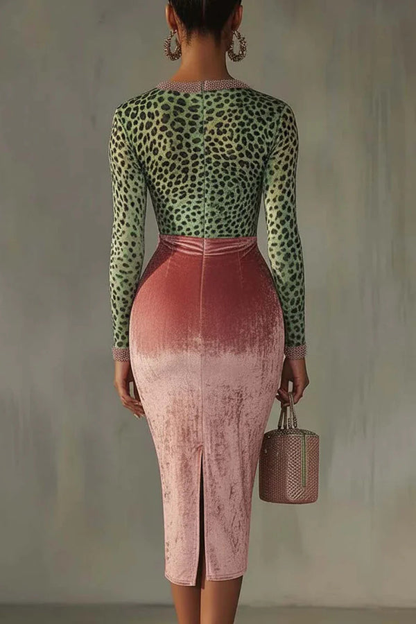 Velvet Patchwork Stretch Slim Midi Dress