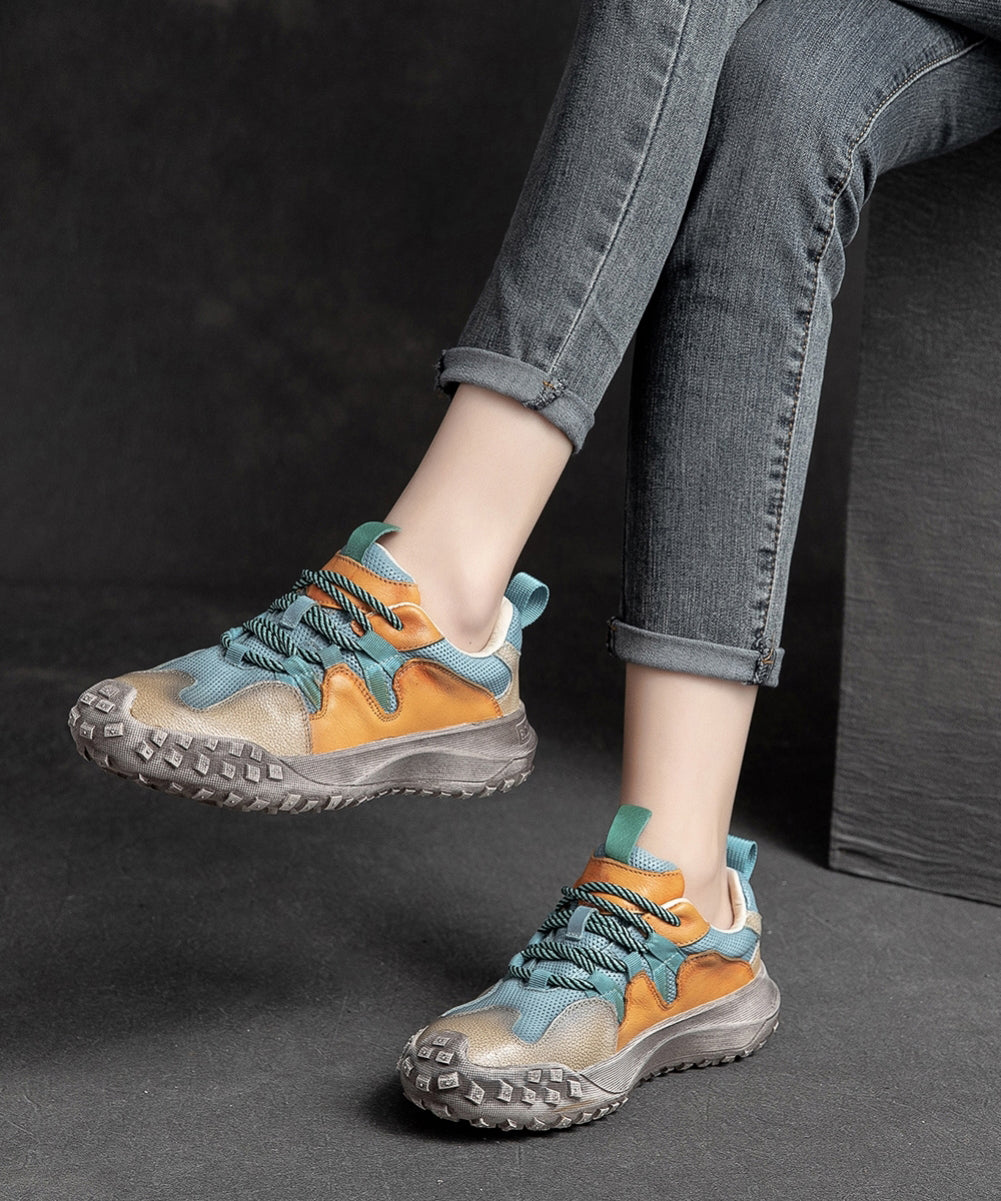 Blue Flat Shoes Platform Cowhide Leather Casual Splicing Lace Up