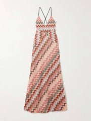 Colorful Zigzag Pattern Elegant Sling Backless Maxi Dress