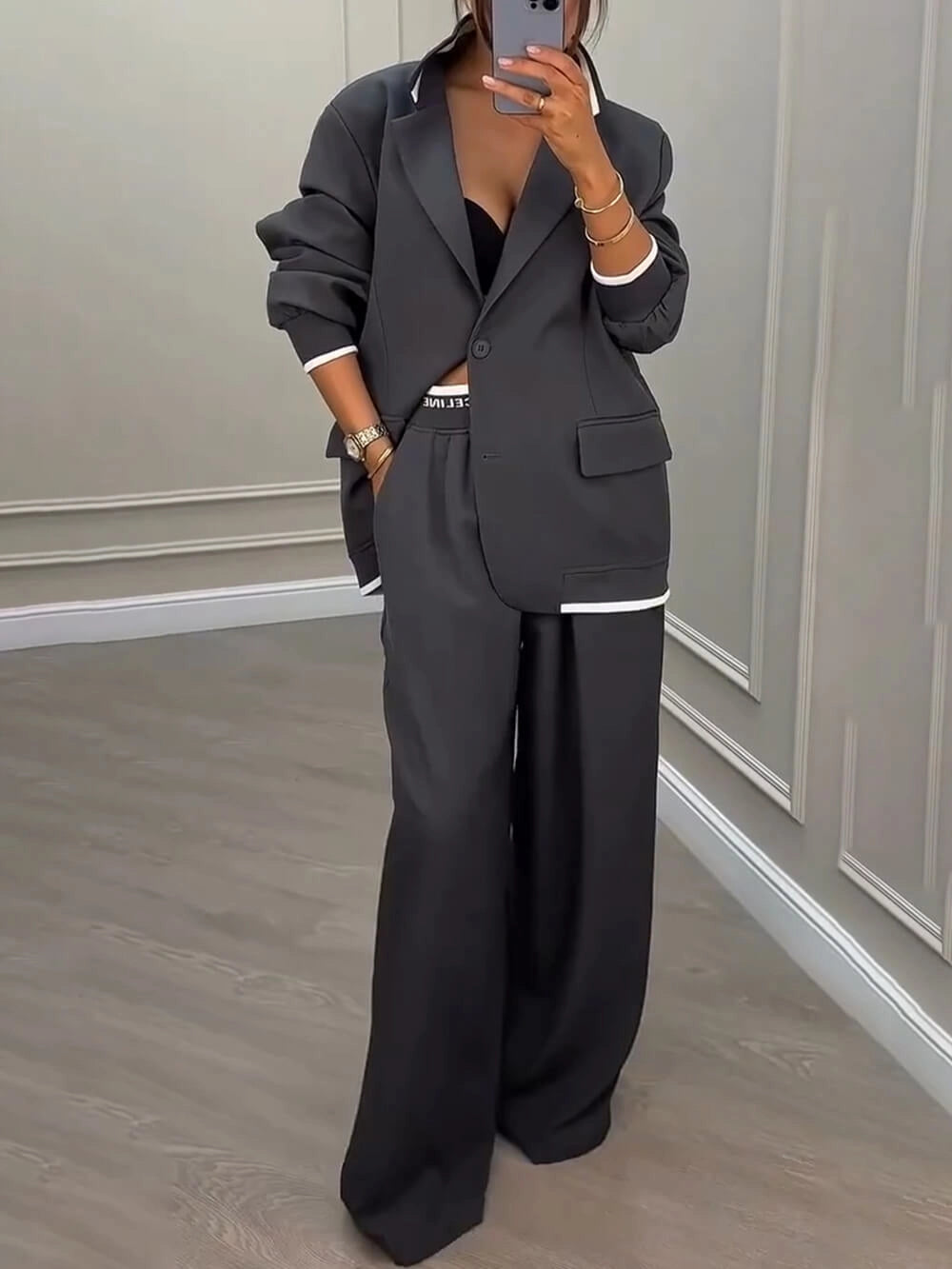 Sports Style Ribbed Colorblock Lapel Blazer and Elastic Waist Pocket Loose Pants Set