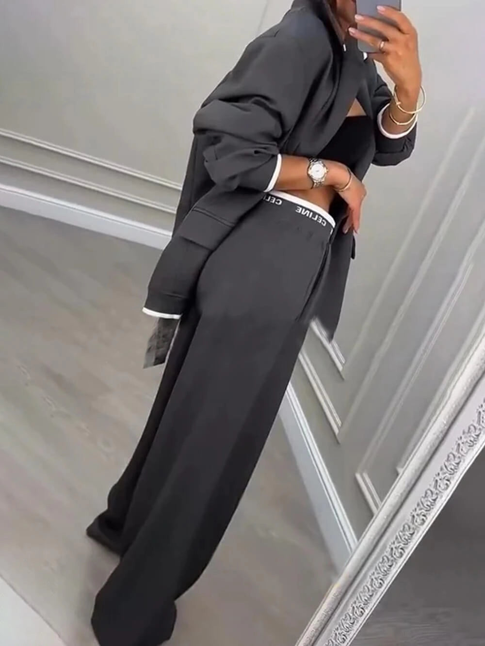 Sports Style Ribbed Colorblock Lapel Blazer and Elastic Waist Pocket Loose Pants Set