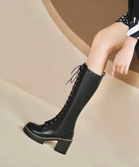 Black Cross Strap Zippered Splicing Chunky Boots