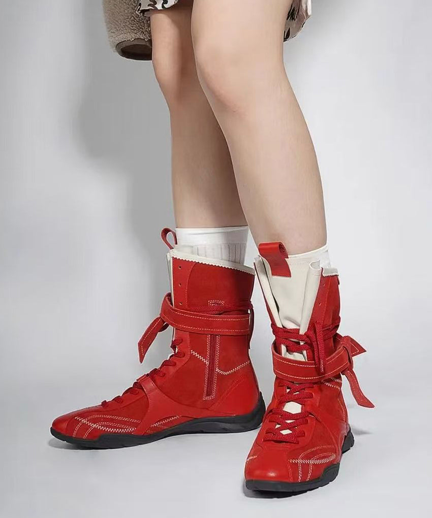 Red Lace Up Suede Splicing Fashion Boots