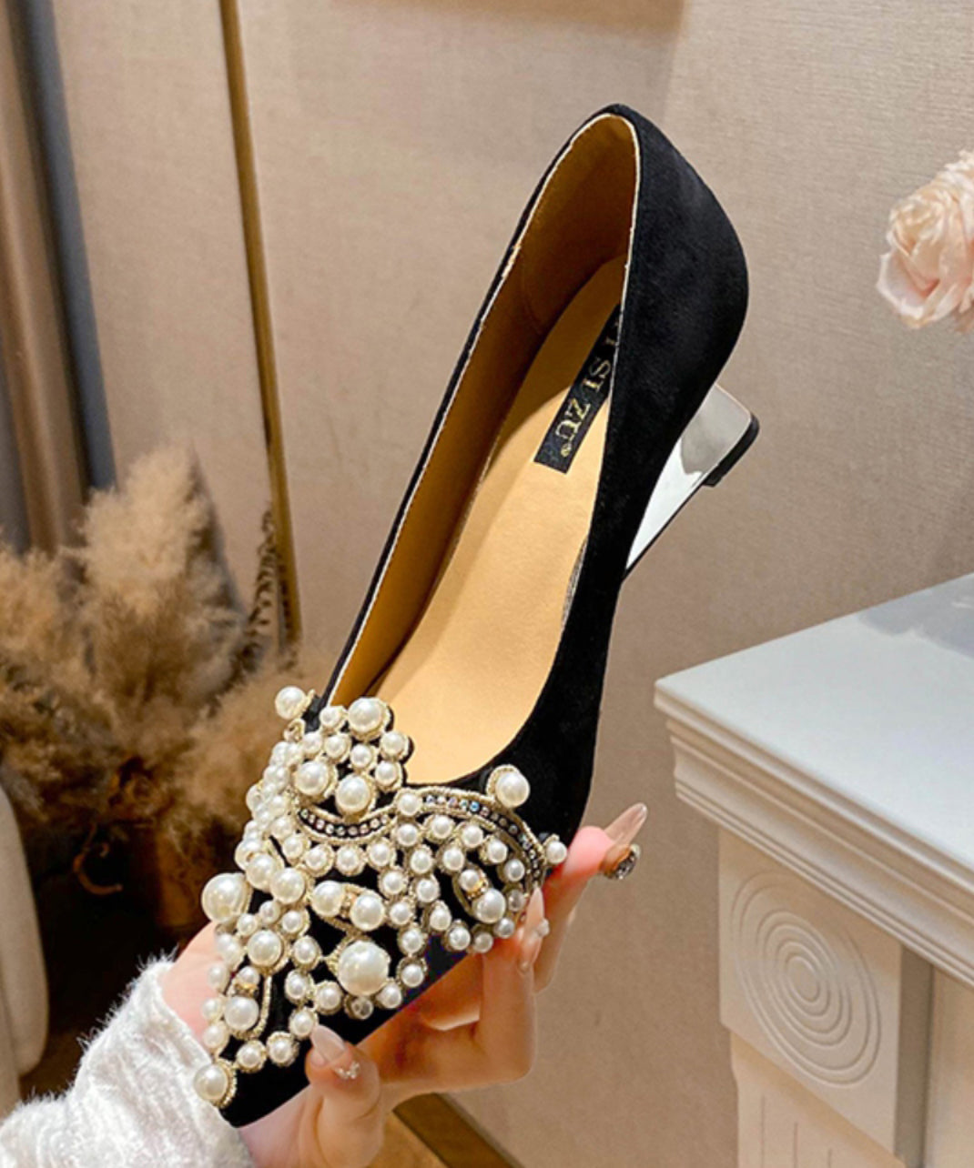 Suede Wedge Heels Shoes Splicing Black Pointed Toe Nail Bead